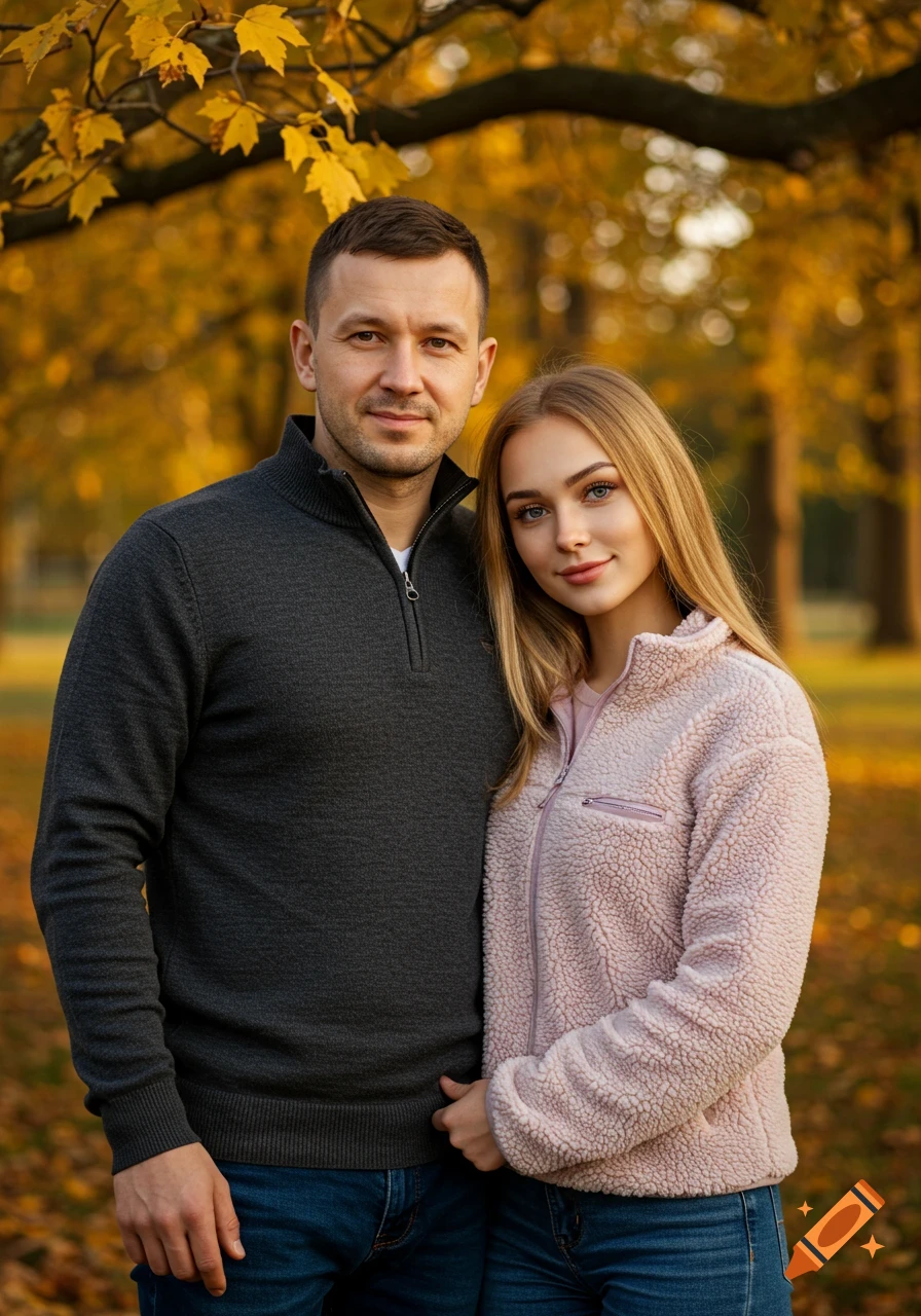 Photorealistic portrait of a man and a woman embracing in an autumn park with yellow leaves.
