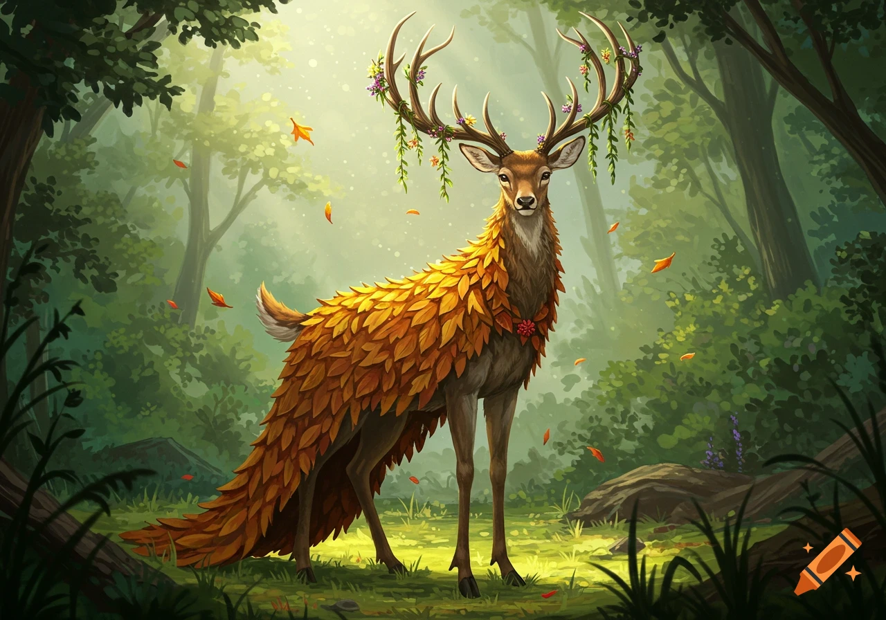 A majestic fantasy deer-like creature, covered in autumn leaves and with flowered antlers, stands in a vibrant, sunlit forest.