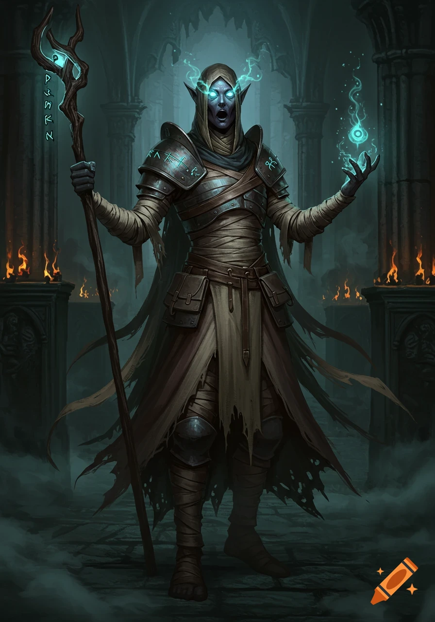 A full-body fantasy art depiction of a robed cleric, with glowing blue eyes and magic, holding a runic staff in a dark crypt.