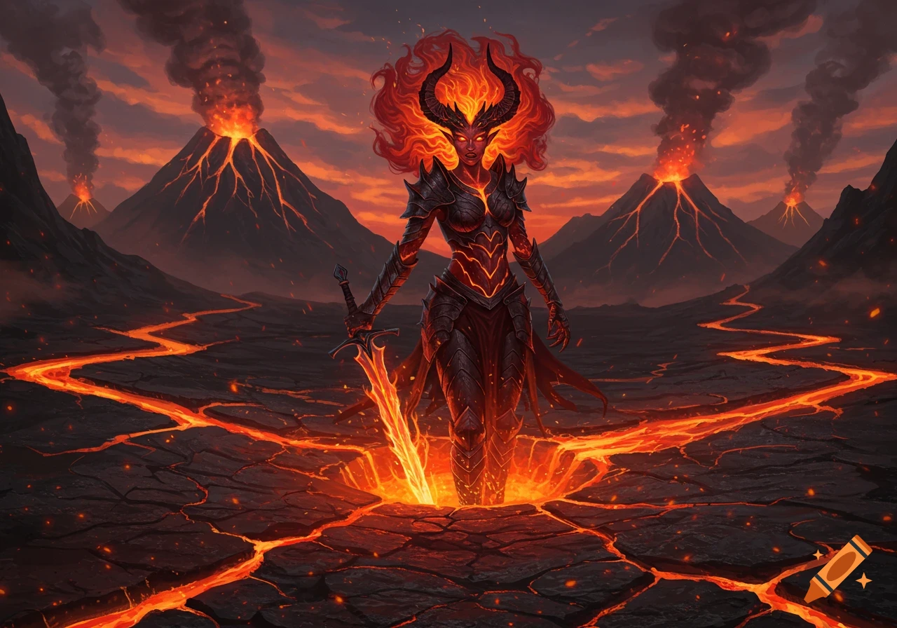 A horned fire demon woman in black armor stands in a volcanic wasteland with an ignited sword, lava rivers, and erupting volcanoes under a red sky. Fantasy art.