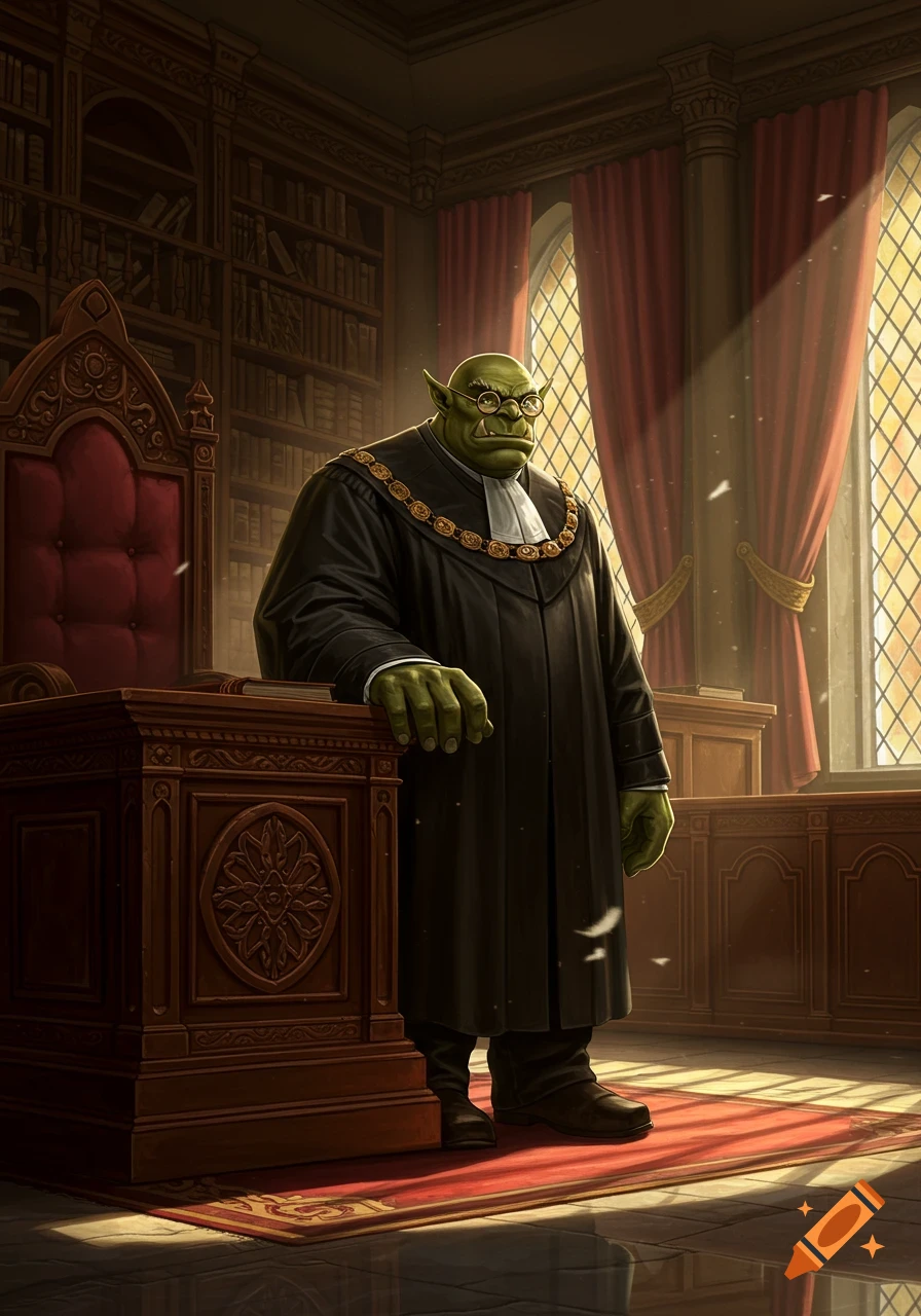 Green-skinned ogre judge in black robes and glasses stands in a grand, sunlit courtroom with bookshelves and tall windows.