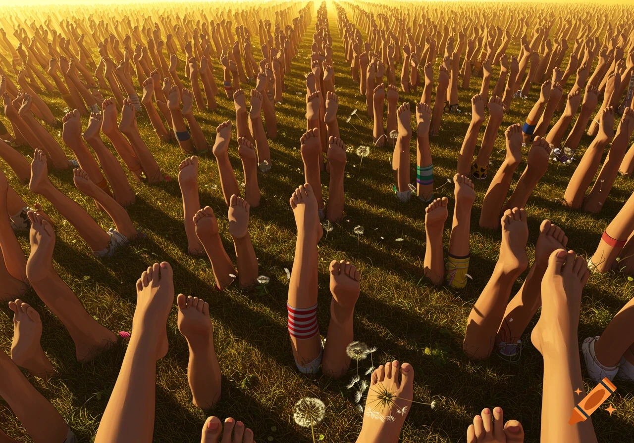 A vast field of disembodied human legs and feet sticking out of green grass, bathed in golden sunlight.