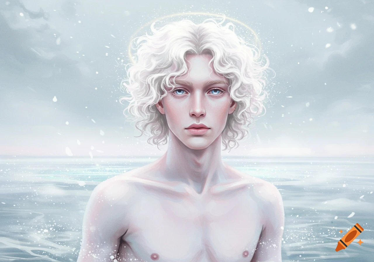 A white-haired young man with pale blue eyes and a halo, shirtless against a serene, light blue watery background with falling particles, in a digital art style.