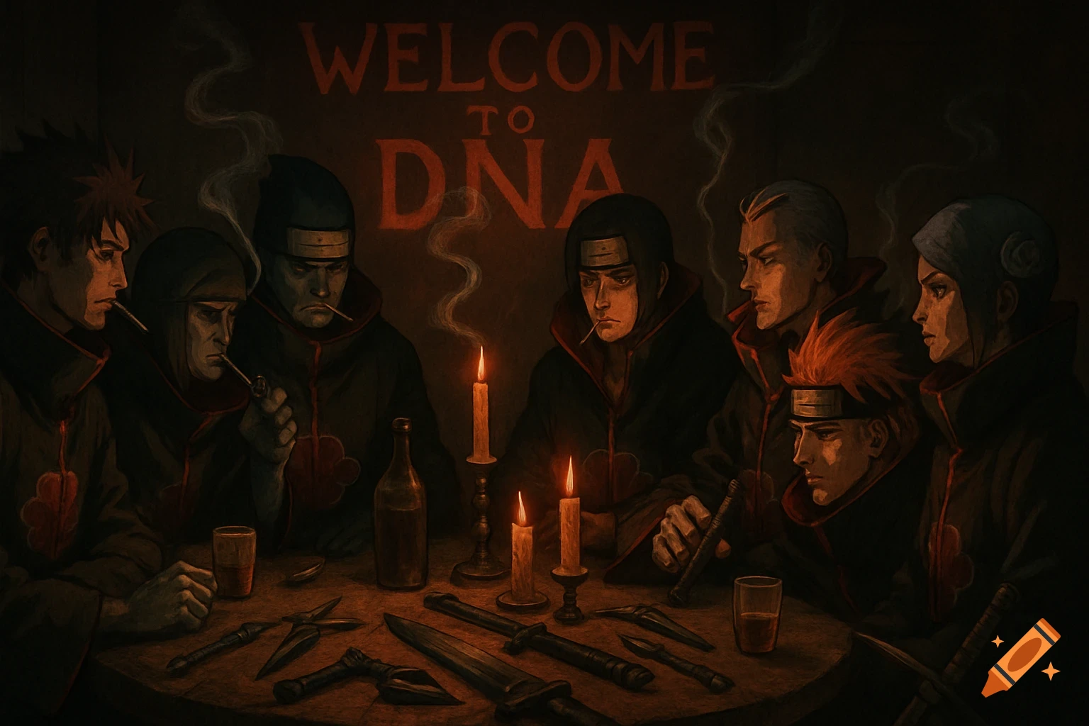 Akatsuki members smoking and drinking around a candlelit table with weapons, under a 'WELCOME TO DNA' sign in a dark, stylized digital art piece.