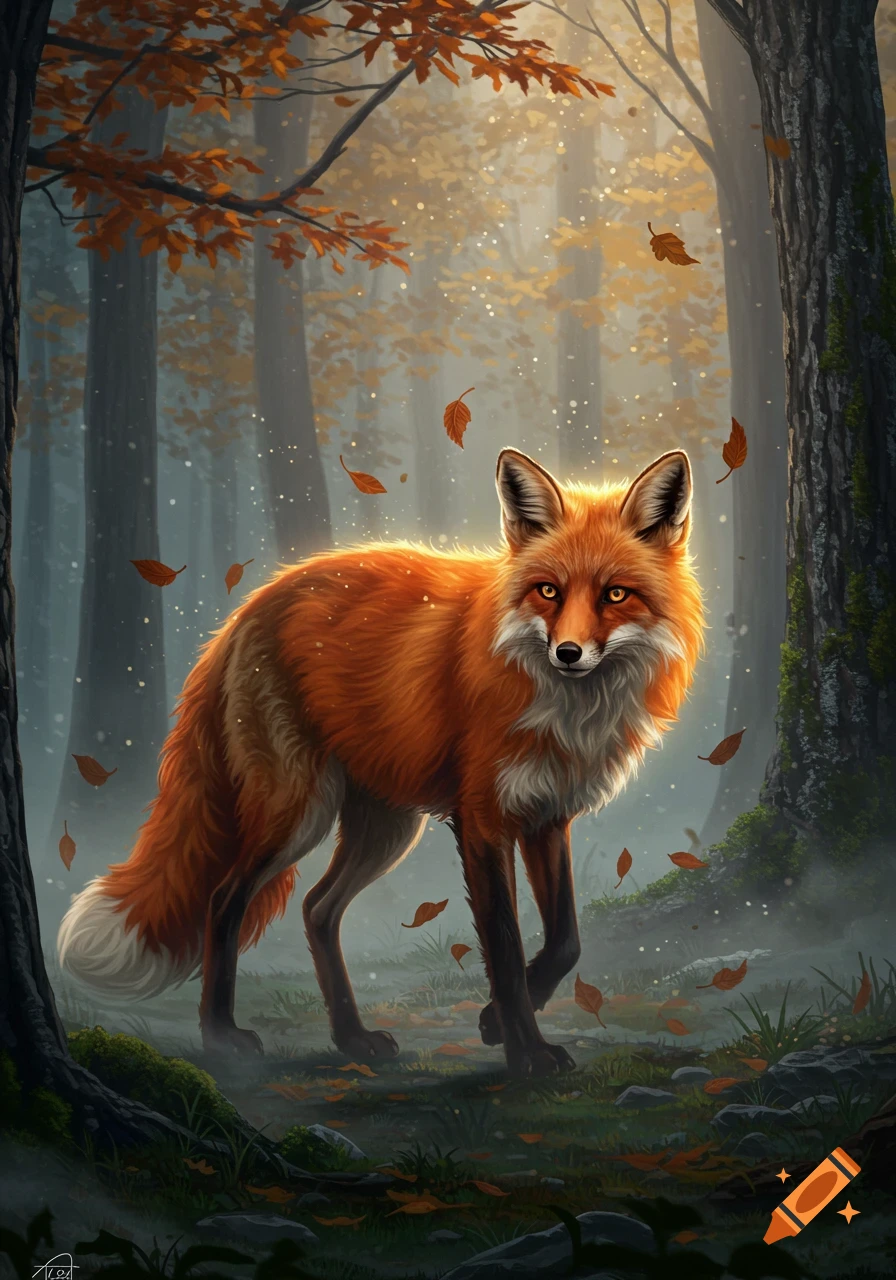 A vibrant red fox with white markings stands in a magical autumn forest with falling leaves and glowing particles, in a fantasy art style.