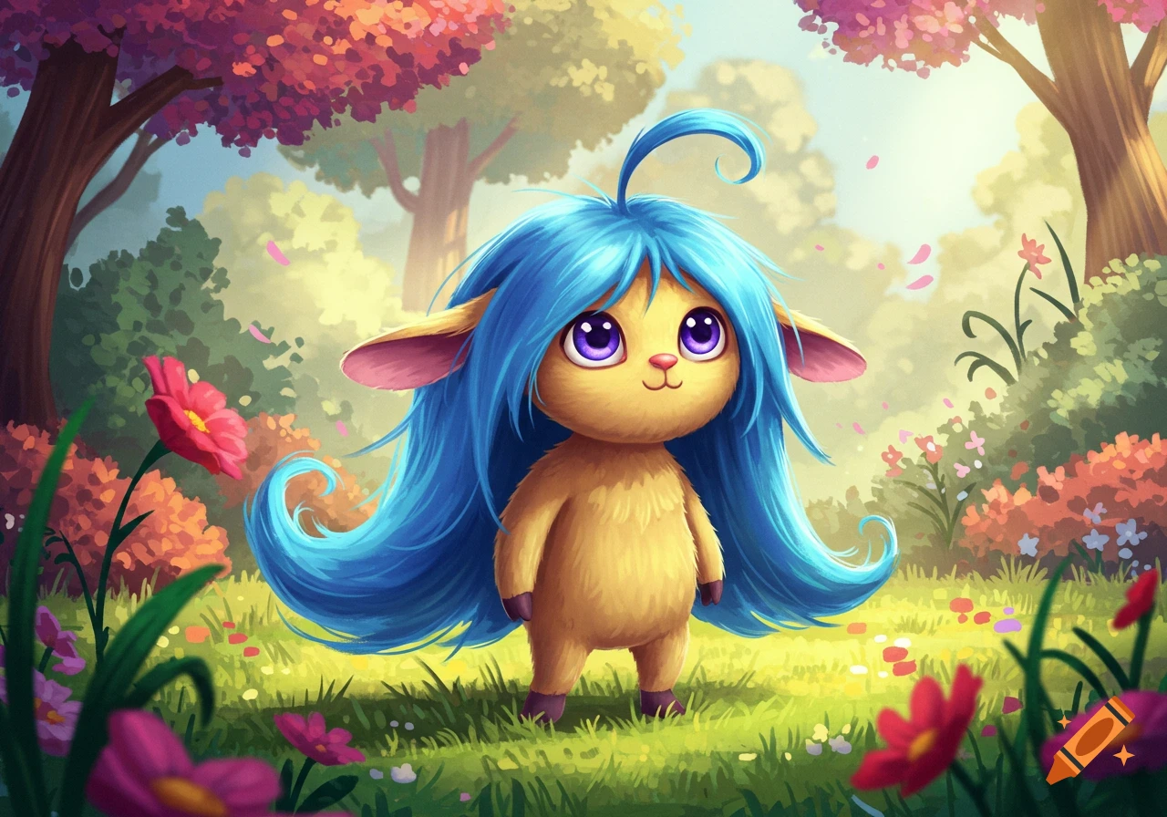 A cute, fuzzy brown creature with blue hair and big purple eyes in a vibrant, whimsical forest with colorful flowers, cartoon style.