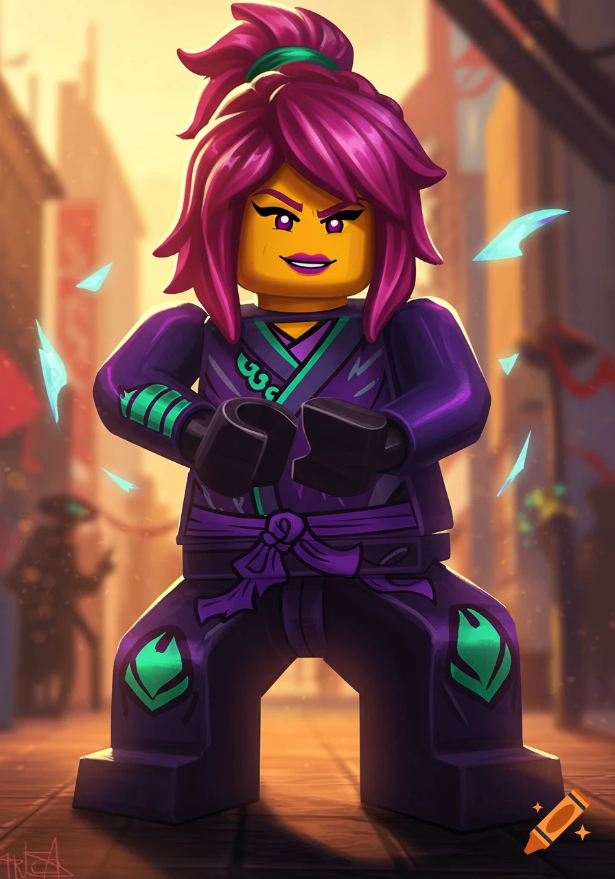Sora from Lego Ninjago with pink hair, wearing a purple and green ninja outfit, stands in a dynamic pose in a bustling street at sunset.
