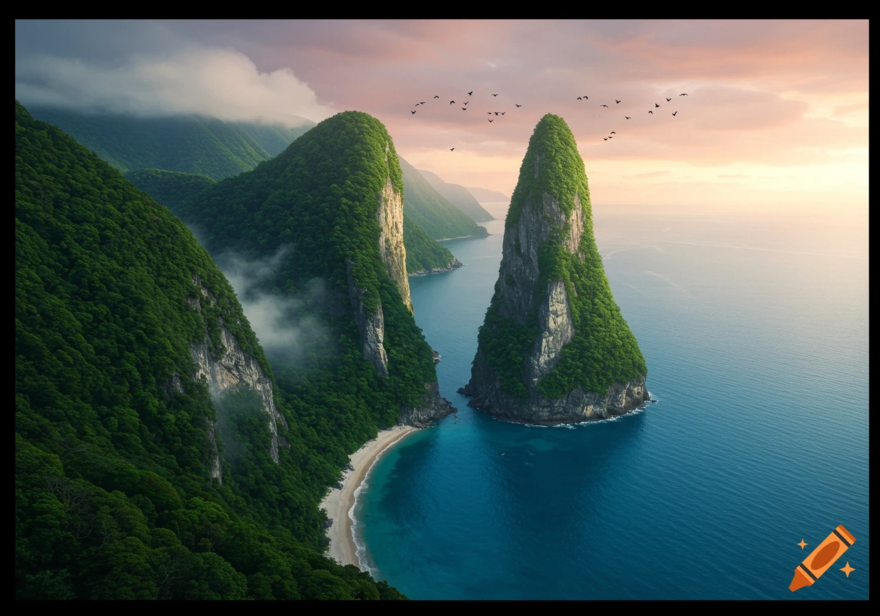 Two towering, tree-covered islands resembling fangs rise from clear blue water next to a sandy beach and lush mountains at sunset, with birds flying.