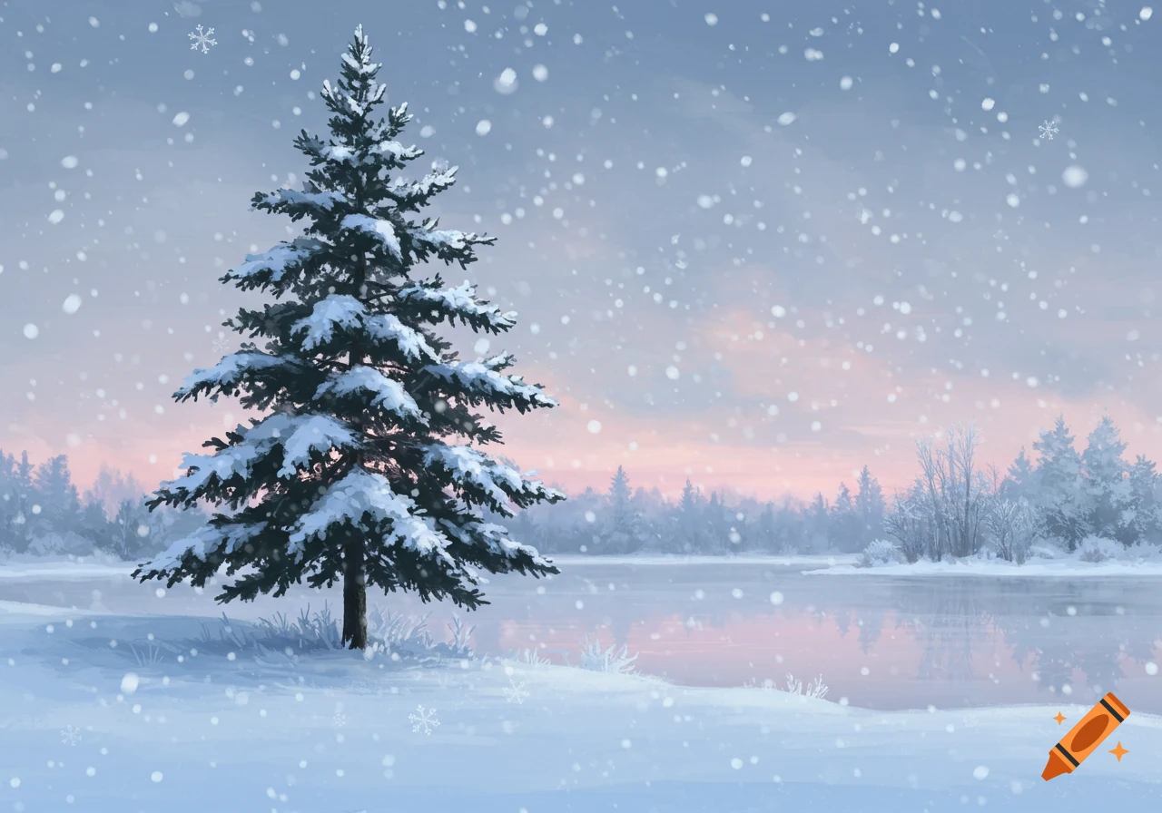 A snow-covered evergreen tree stands by a partially frozen lake with snowy shores under a soft pink and blue sunset sky, with snowflakes falling.