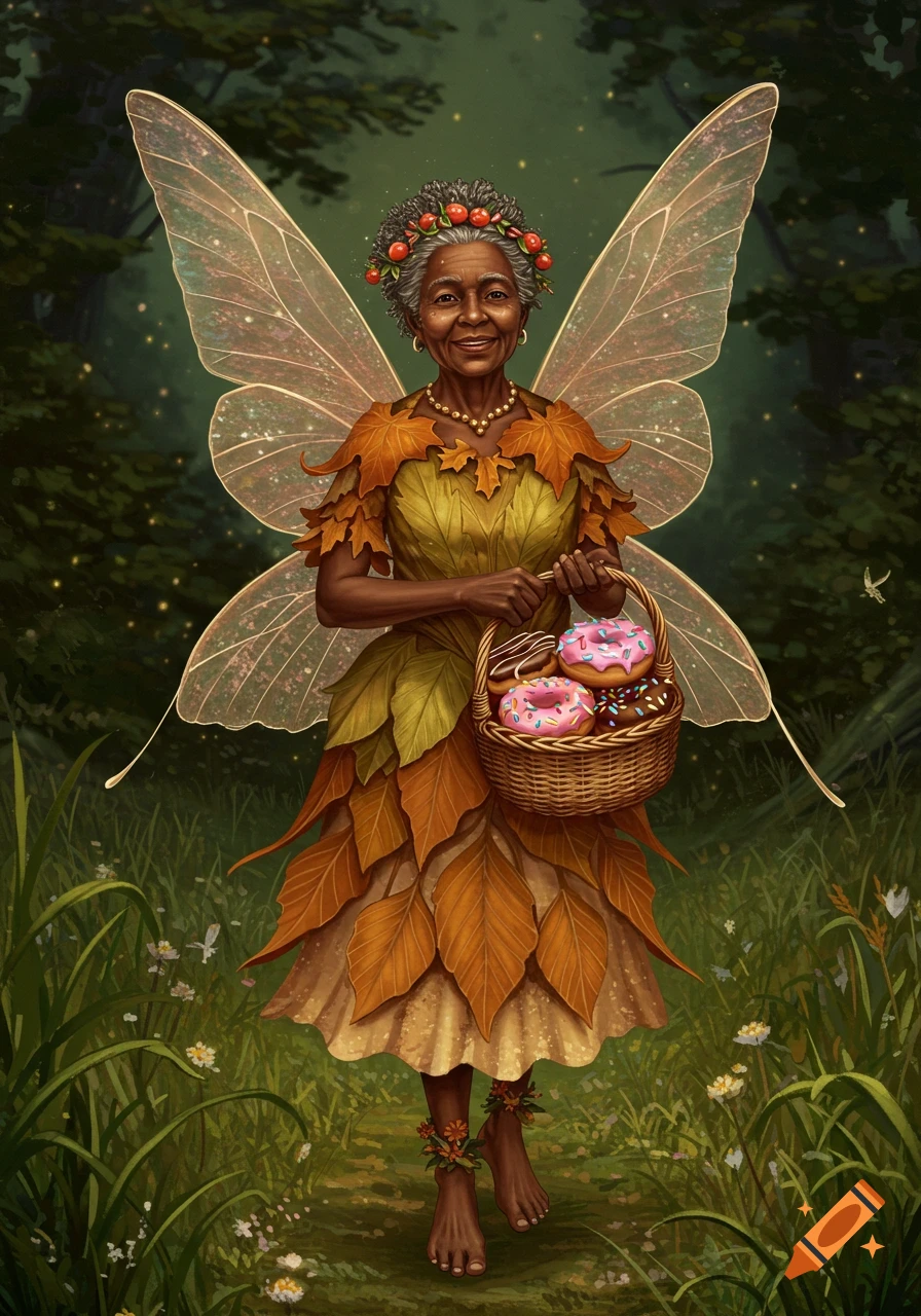 An aged African American fairy in a leaf dress stands in a lush forest, holding a basket filled with colorful donuts. Digital painting.