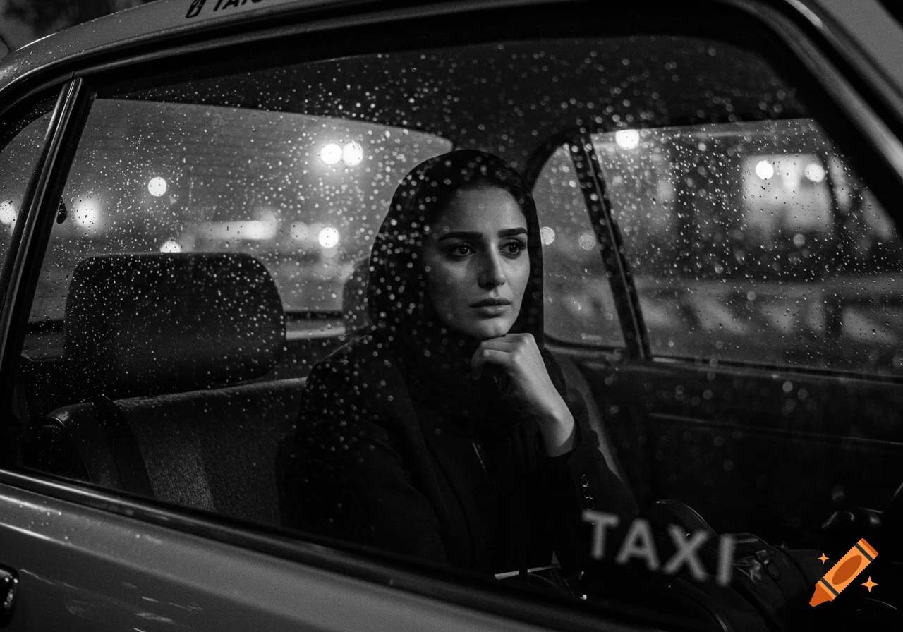 A black and white portrait of a pensive woman with a headscarf in the back of a rain-streaked taxi at night.
