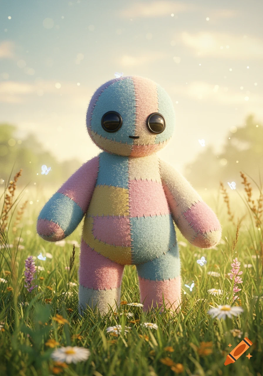 A cute pastel patchwork stuffed animal with large black eyes stands in a sunlit grassy field with small flowers and glowing butterflies.