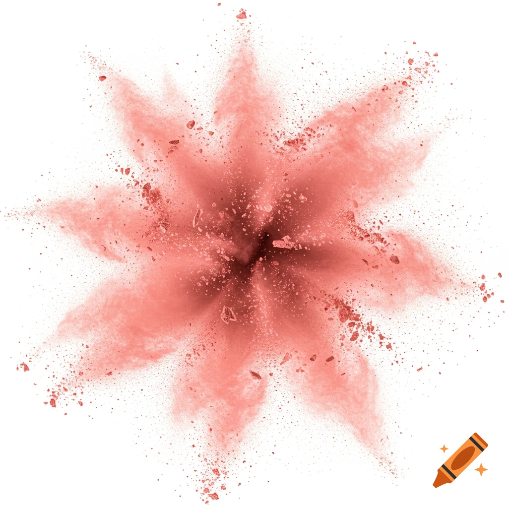 Pink powder explosion on a white background with fine particles and a central burst.