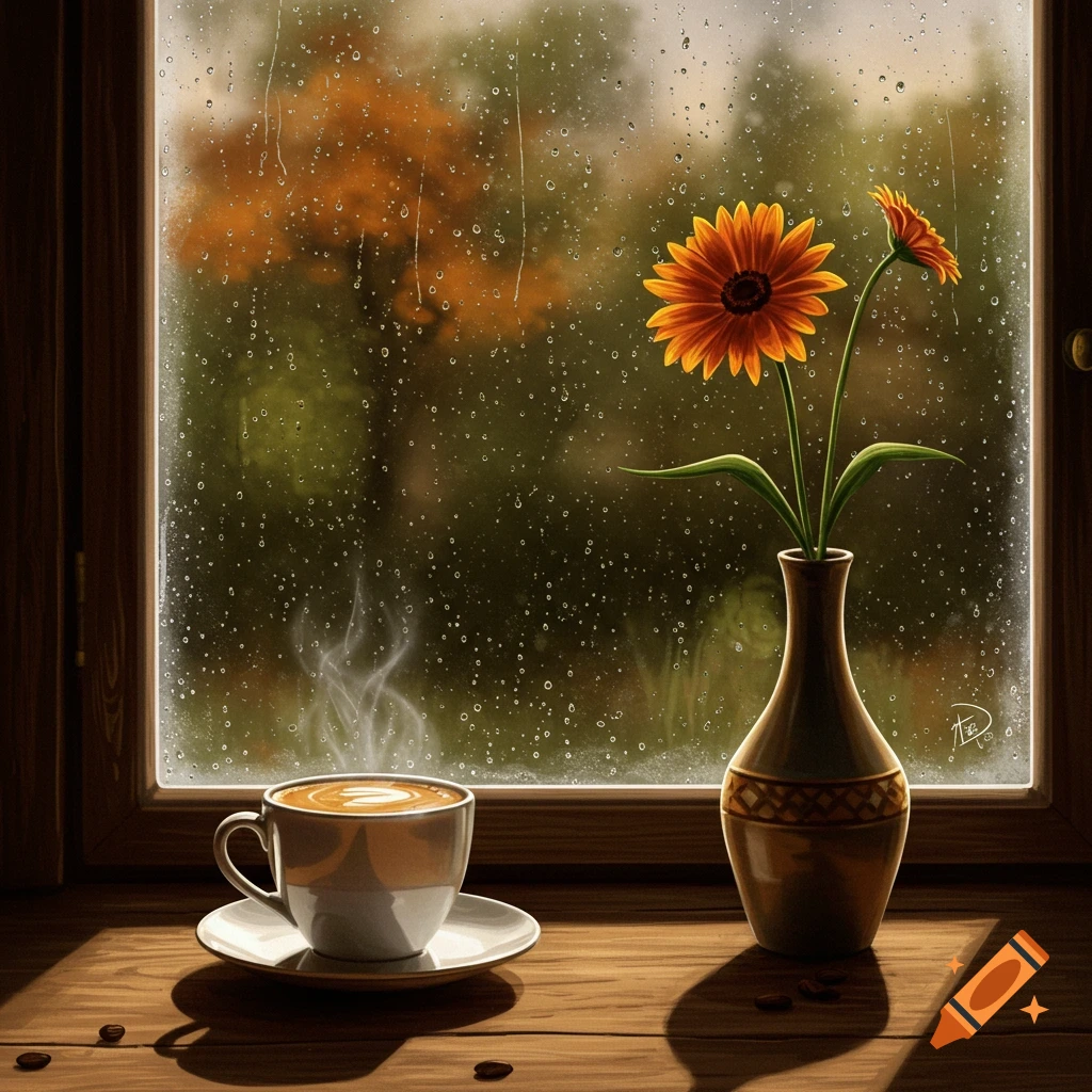 A steaming coffee cup and vase of orange flowers on a wooden window sill on a rainy autumn day.