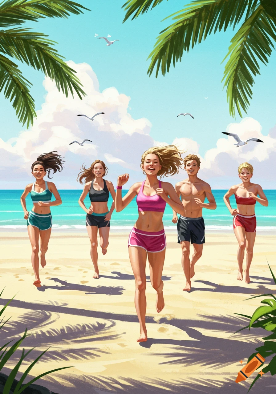 Illustrated group of young adults running on a tropical beach under palm trees.