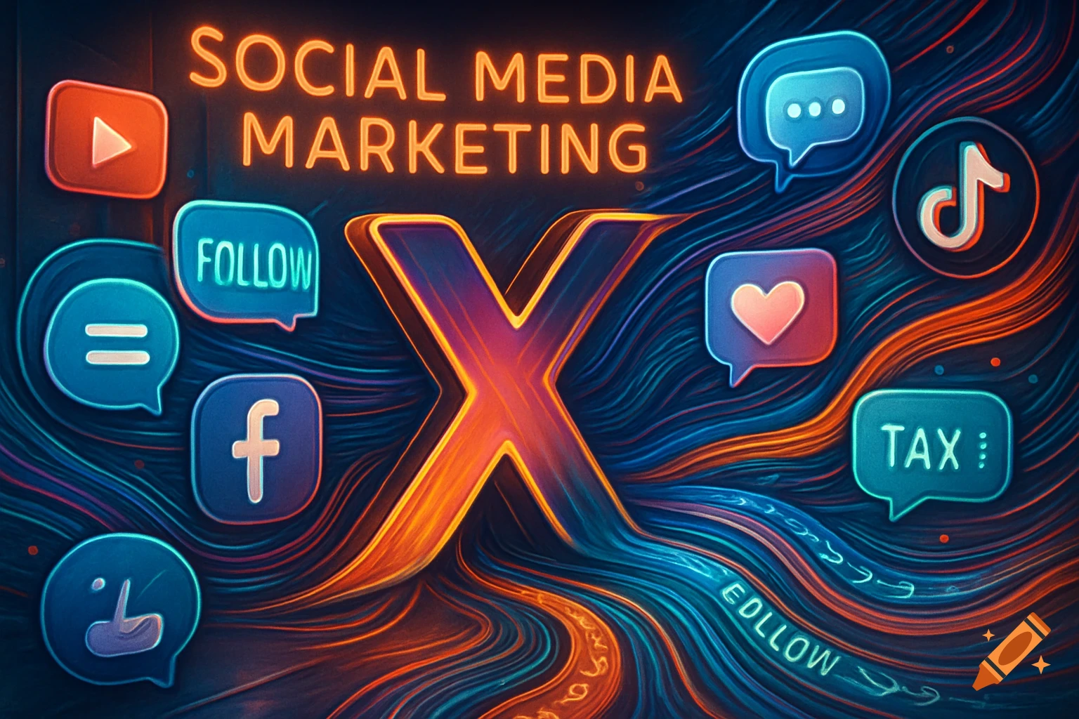Neon-lit graphic representing social media marketing with a large 'X' at the center, surrounded by social media icons like YouTube, Facebook, and TikTok logos, and speech bubbles with words like 'FOLLOW' and 'TAX'.