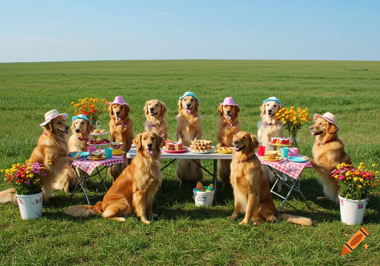 Photorealistic image of several Golden Retrievers in hats having a picnic at a buffet table in a sunny green field.