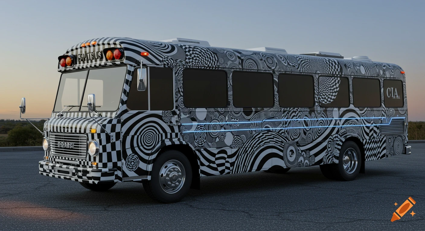 A skoolie short bus with a black and white psychedelic pattern featuring swirls, checks, and alien geometry, with "CIA" on the side and a glowing blue line across the middle. It is parked on asphalt with a light blue sky and horizon in the background.