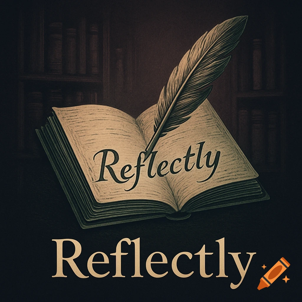 A dark academia style logo featuring an open journal with a feather quill writing "Reflectly" on its pages, set against dark bookshelves. The word "Reflectly" is also displayed below the image.