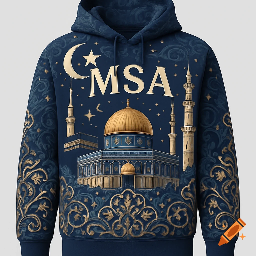 A dark blue hoodie featuring golden Islamic architecture, a crescent moon, star, and 'MSA' text with intricate patterns.