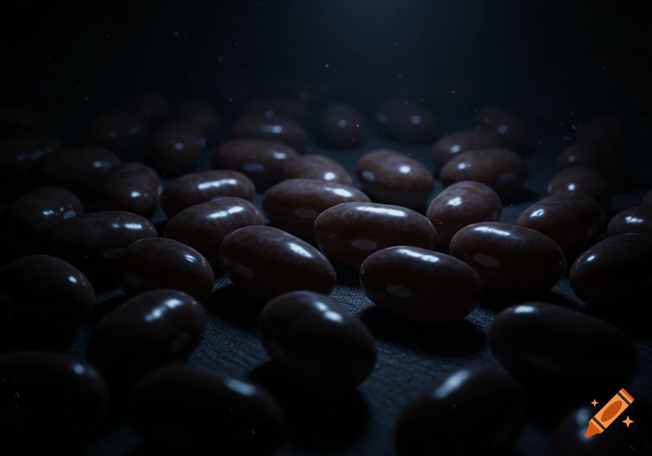 Close-up of numerous dark, shiny beans scattered on a textured dark surface, dimly lit from above.