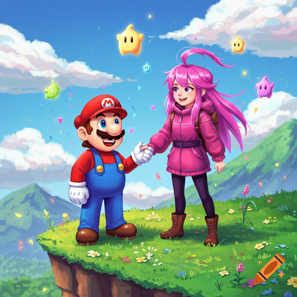 Mario and Madeline from Celeste hold hands on a cliff, surrounded by mountains and floating stars in a bright cartoon style.