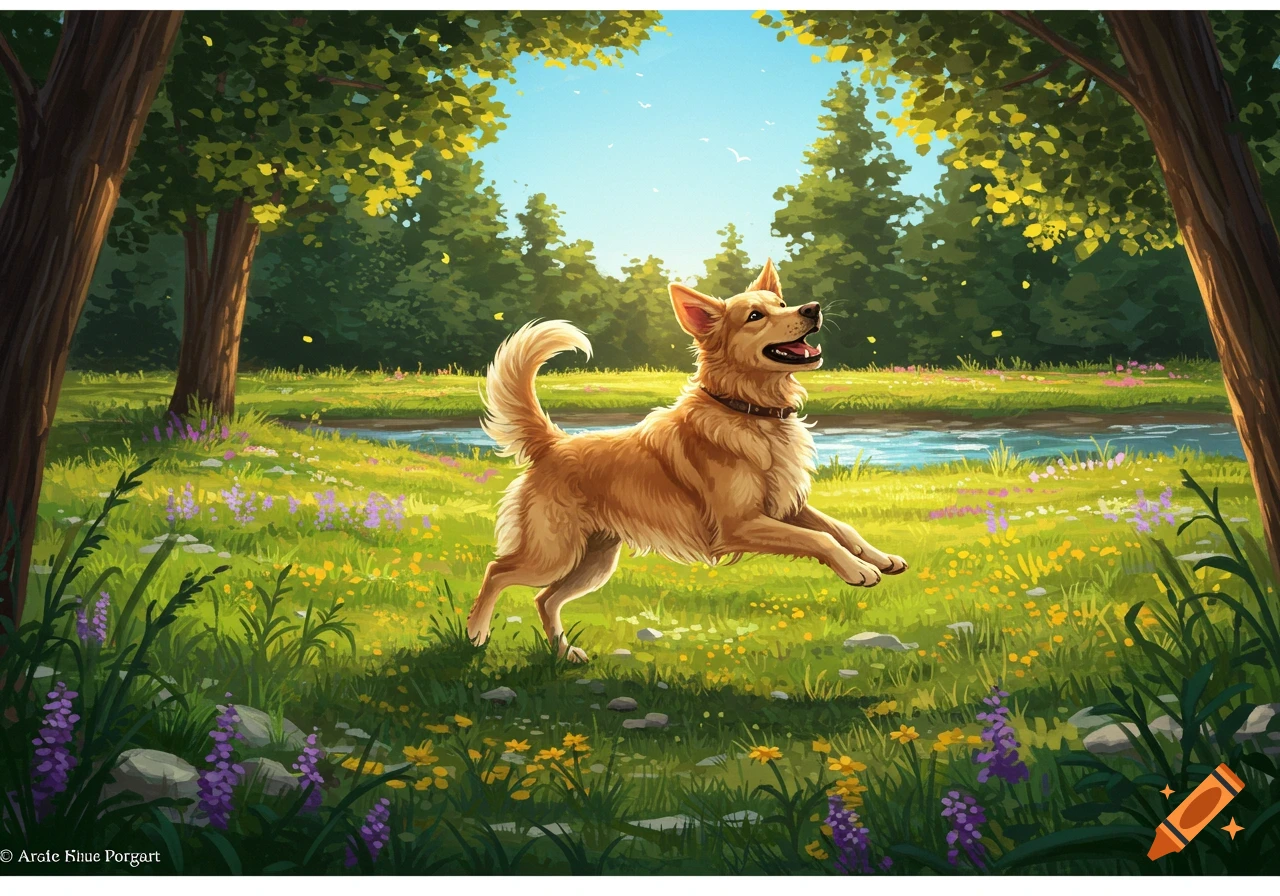 A happy golden-brown dog leaps through a vibrant green meadow with wildflowers, trees, and a river, in an illustrative style.
