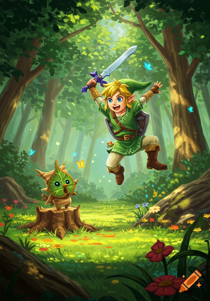 Link jumps with his sword in a vibrant fantasy forest next to a surprised Korok, with butterflies fluttering around.