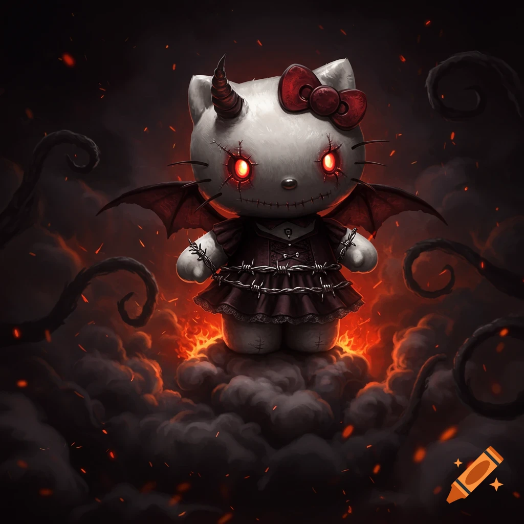 Demonic Hello Kitty with horns, bat wings, and glowing red eyes, wearing a barbed wire dress, stands on a bed of fire and smoke.