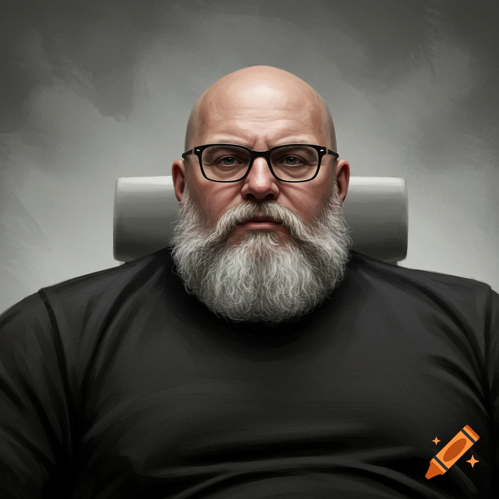 A bald, pale man with a thick gray beard and black glasses looks directly forward in a photorealistic portrait.