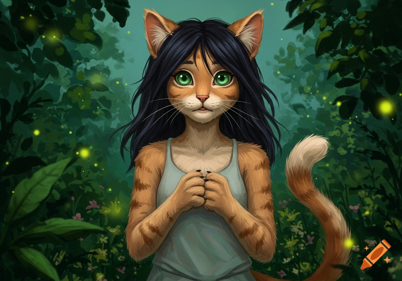 A shy cat-girl with long black hair and green eyes stands in a lush, glowing forest, digital illustration.