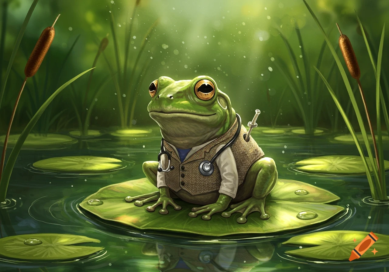 A cartoon green frog dressed as a doctor, wearing a waistcoat and stethoscope, sits on a lily pad in a pond.