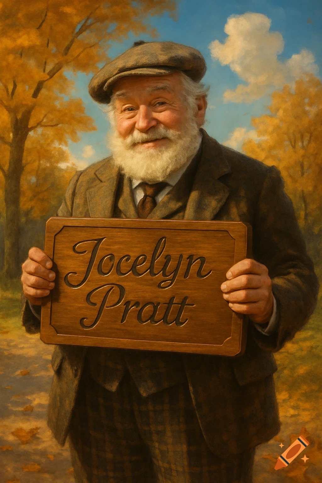 A smiling old man with a white beard and flat cap holds a wooden sign reading 'Jocelyn Pratt' in an autumn park, in a realistic painting style.