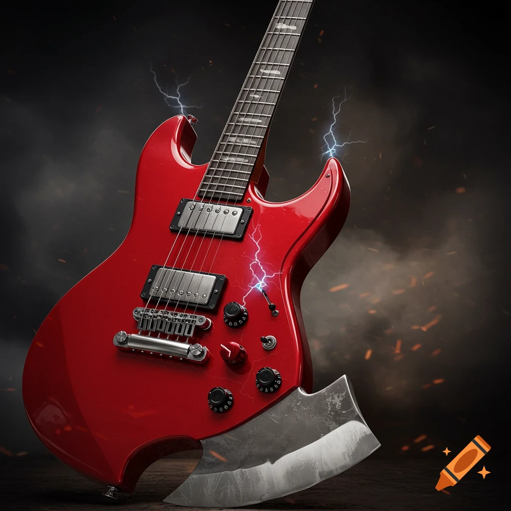 A photorealistic red electric guitar with an axe blade integrated into its body, set against a dark, smoky background with lightning.