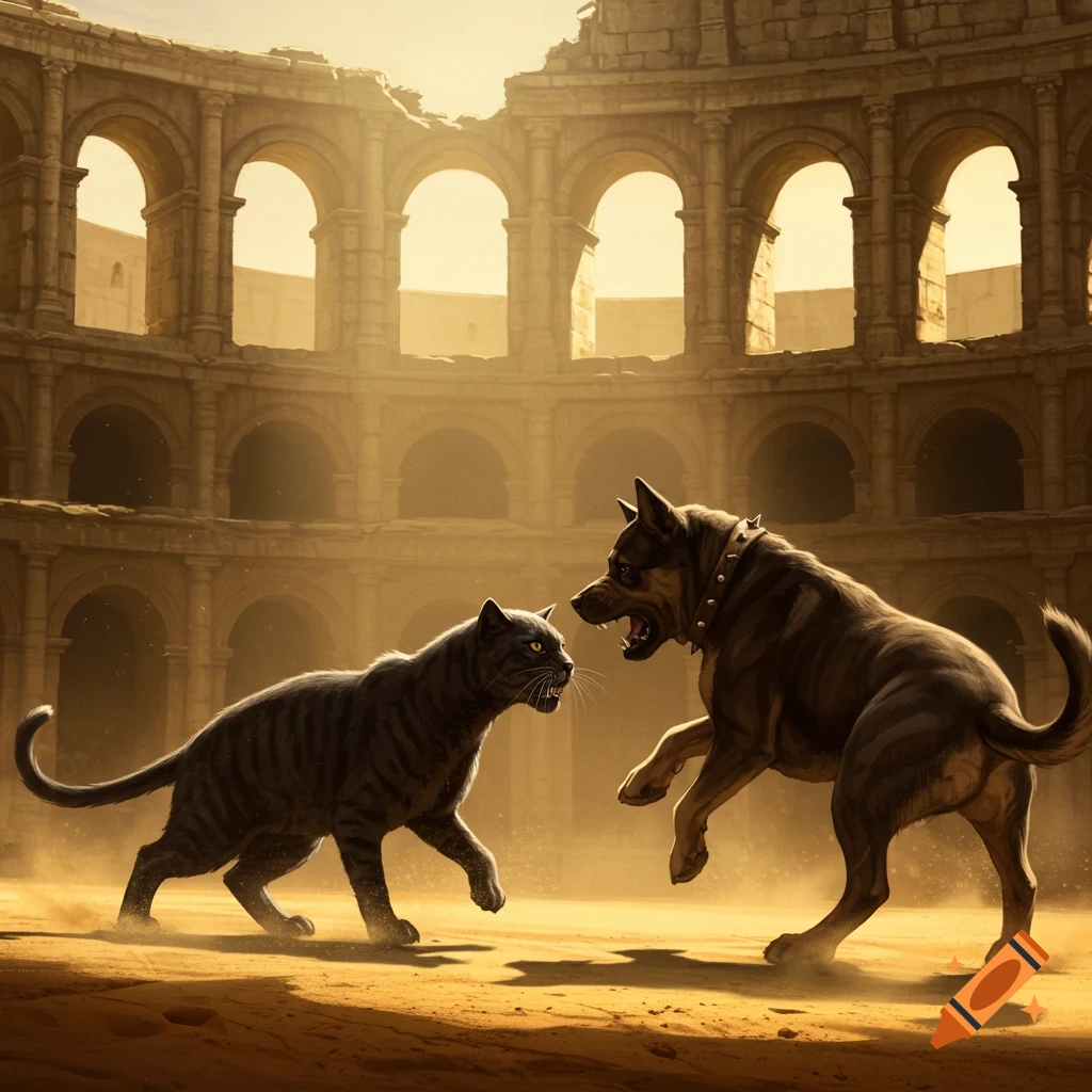 A black cat and a large dog growl at each other in the sandy floor of a ruined ancient coliseum, digital art.