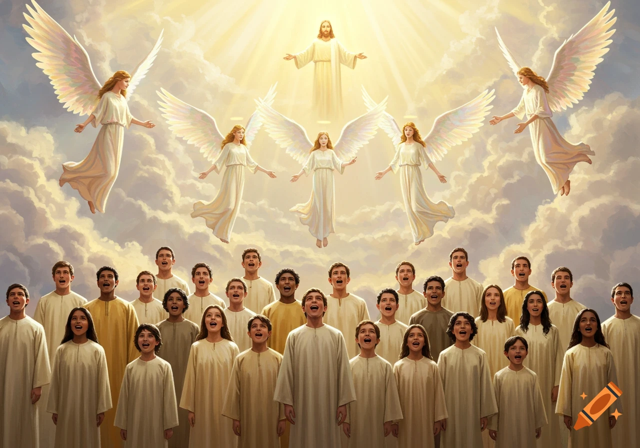 Jesus and angels float above a diverse choir of people singing in a heavenly sky.