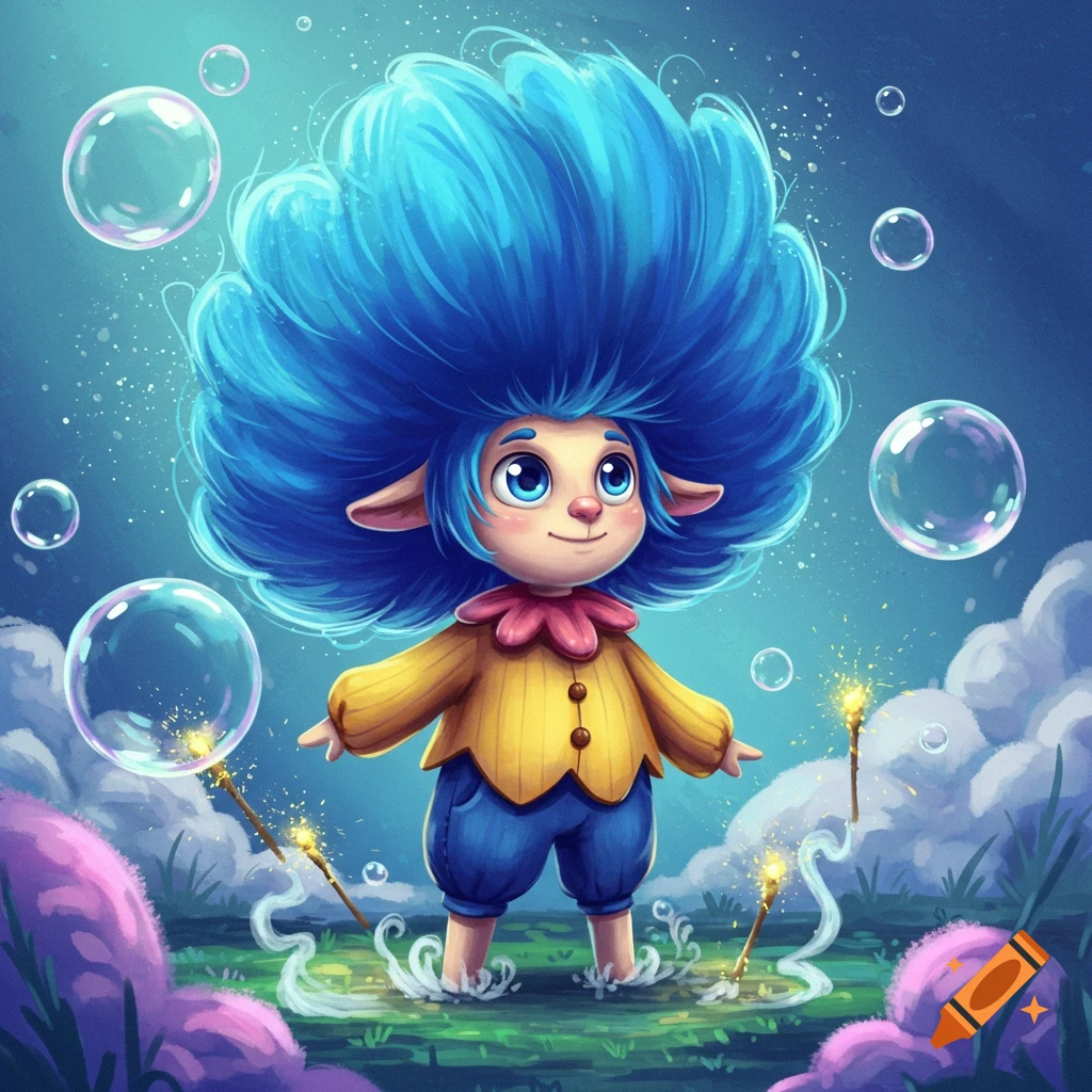 A cute, whimsical creature with enormous blue hair, yellow shirt, and blue shorts stands among bubbles and sparklers in a fantasy landscape.