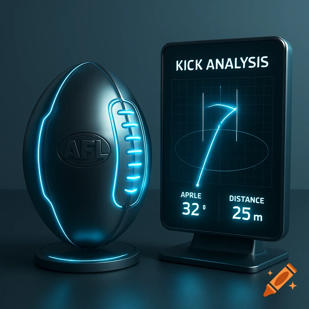 A glowing AFL football sits next to a screen displaying kick analysis data with blue neon lines in a dark, futuristic setting.