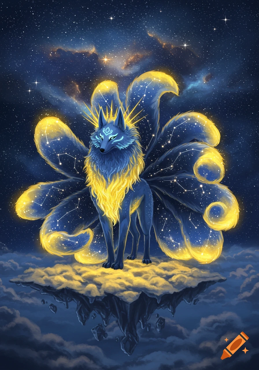 A majestic blue and yellow celestial kitsune with nine glowing, constellation-filled tails on a floating cloud island under a starry sky.