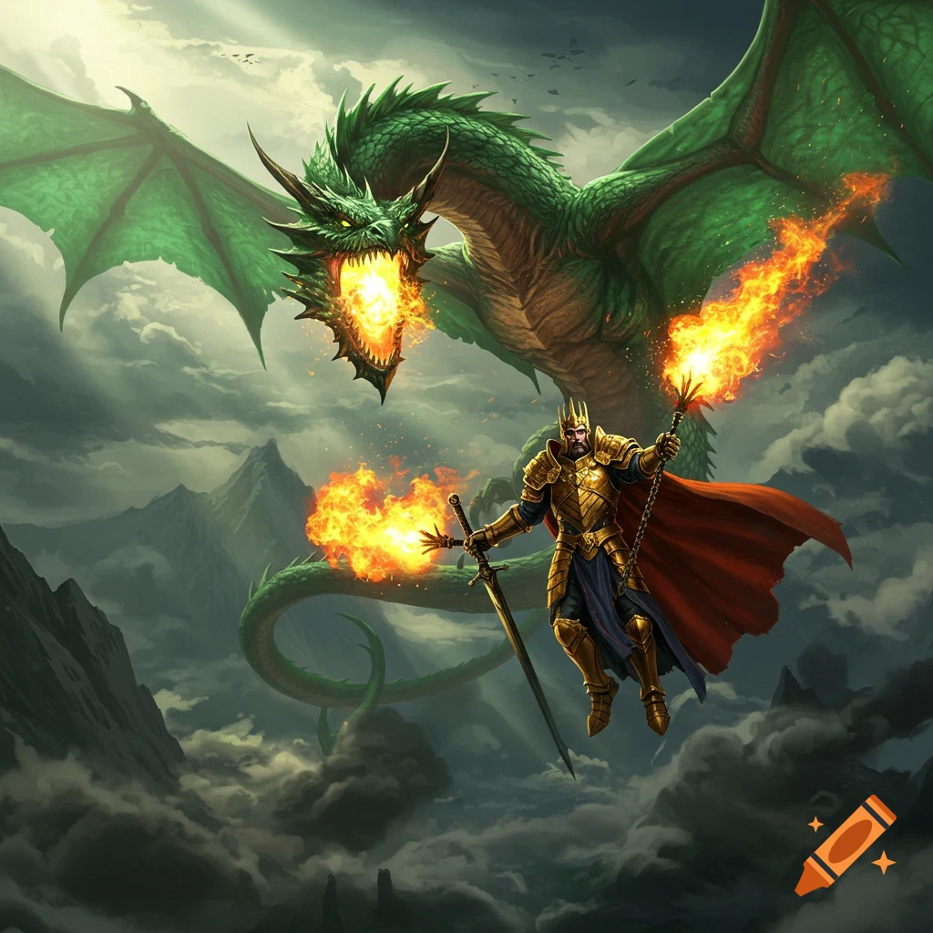 A green dragon breathing fire and a king in golden armor wielding fire fly over mountains.