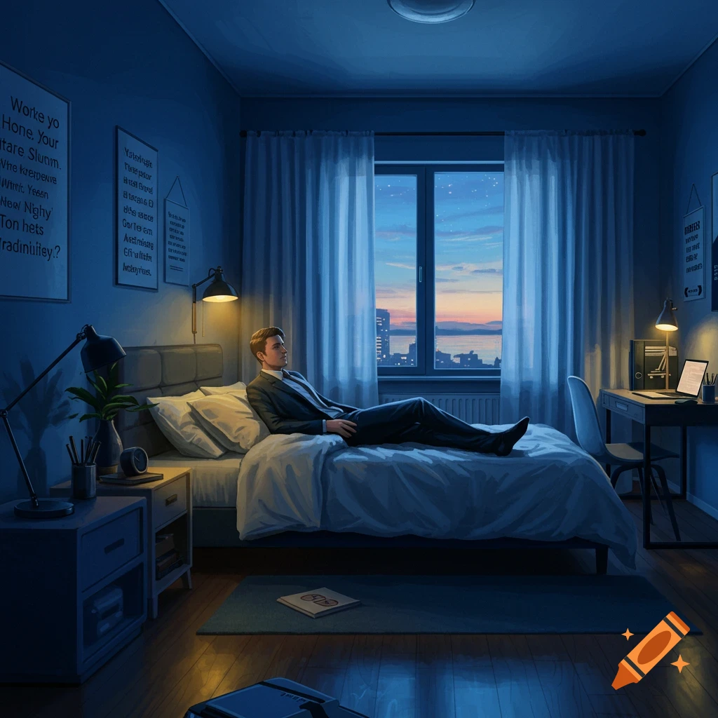 A man in a suit lies on a bed in a dimly lit bedroom, looking out a window at a city skyline at sunset.