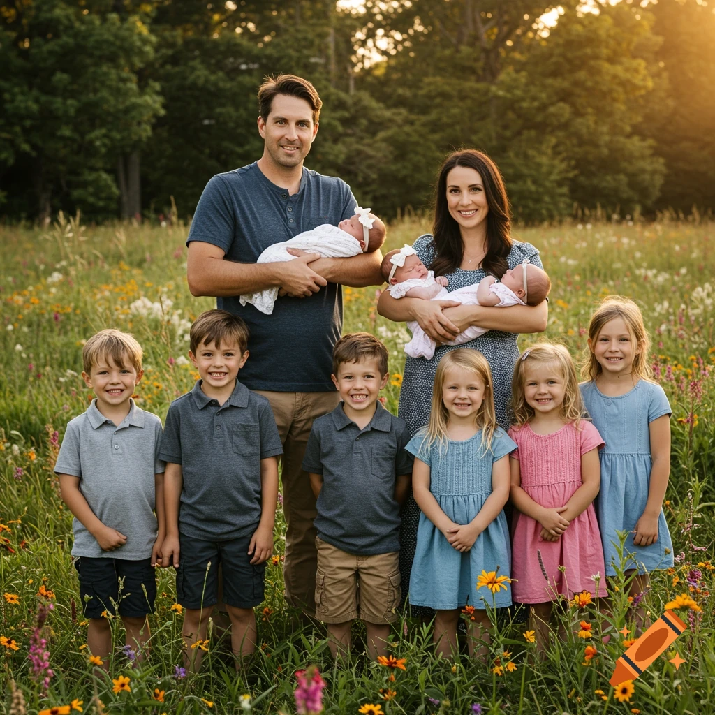A large family portrait in a sunlit field of wildflowers, with parents holding three newborns and six older children smiling in front.