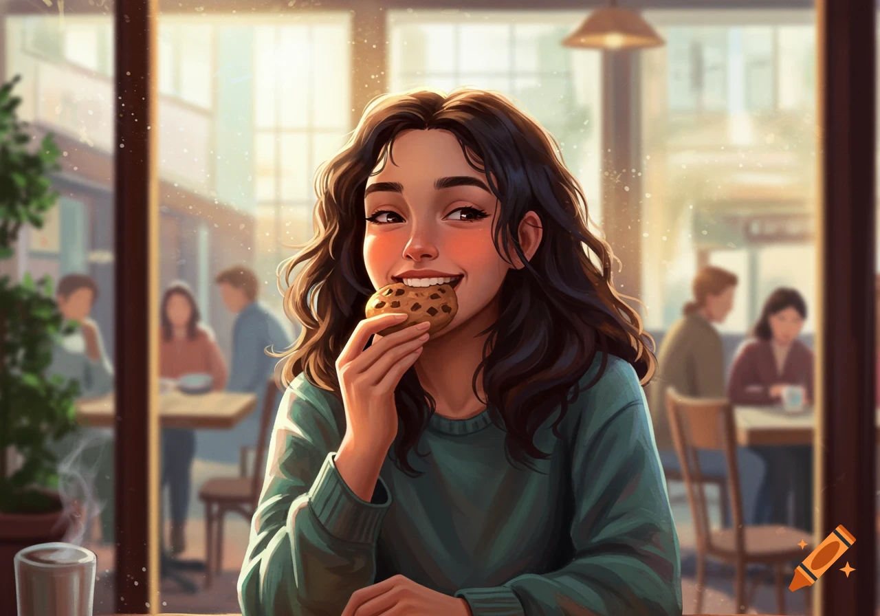 A smiling young woman in a digital illustration eats a chocolate chip cookie in a bright cafe.