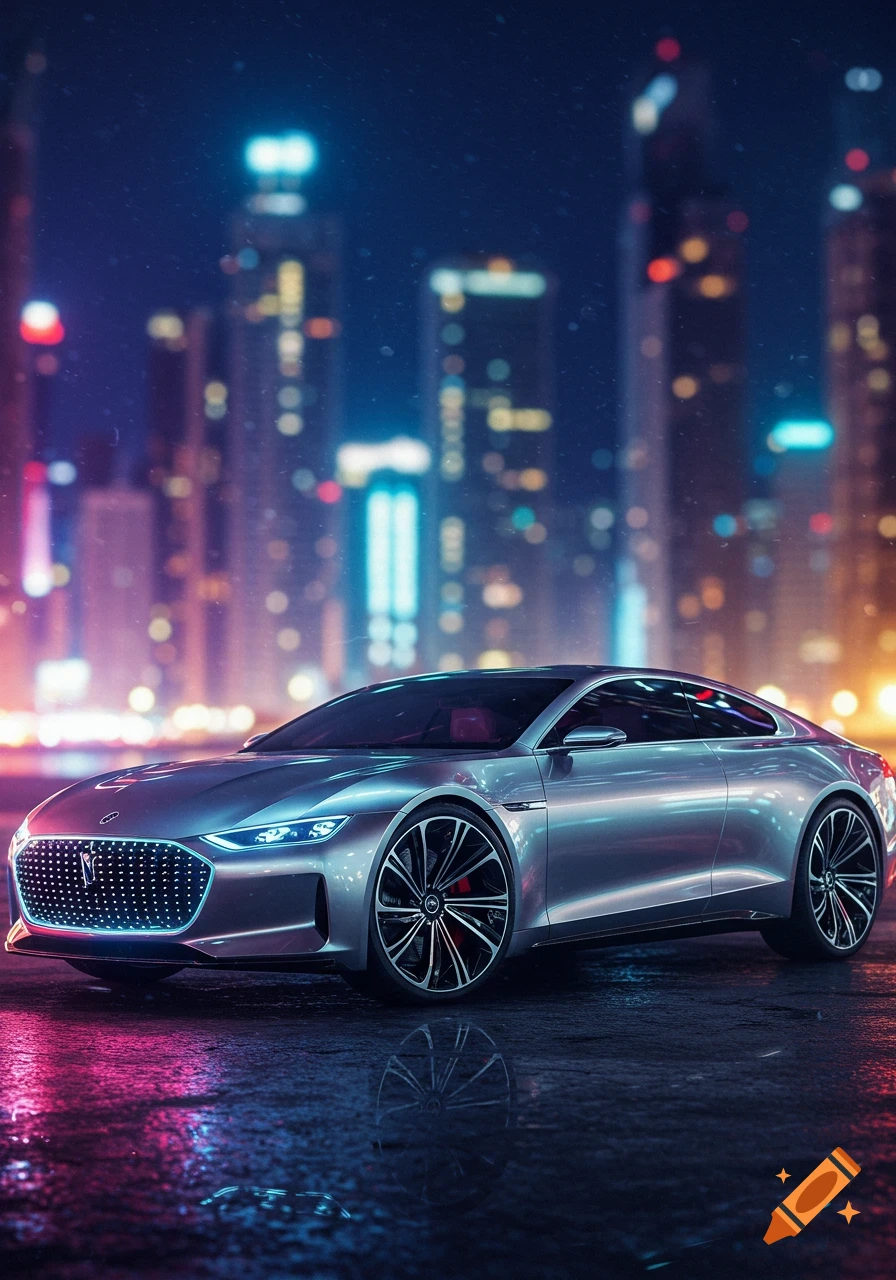 Sleek silver concept car on a wet city street at night, reflecting neon lights from blurred skyscrapers.