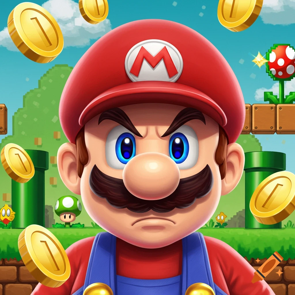 A stern-faced Mario in a red hat with an M and blue overalls, surrounded by gold coins, green pipes, and pixelated Super Mario Bros. elements.