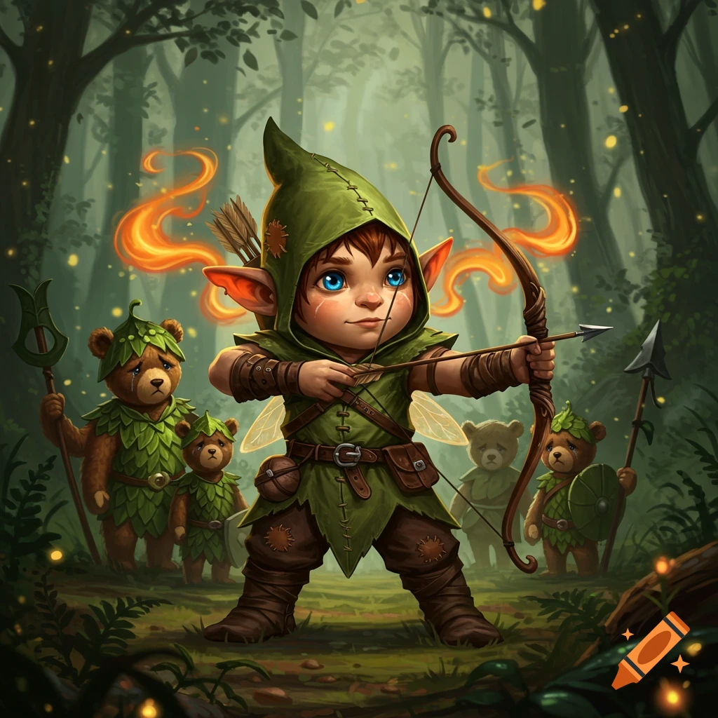 A tiny gnome archer with blue eyes and pointy ears aims a bow in a mystical forest, flanked by sad teddy bear warriors.