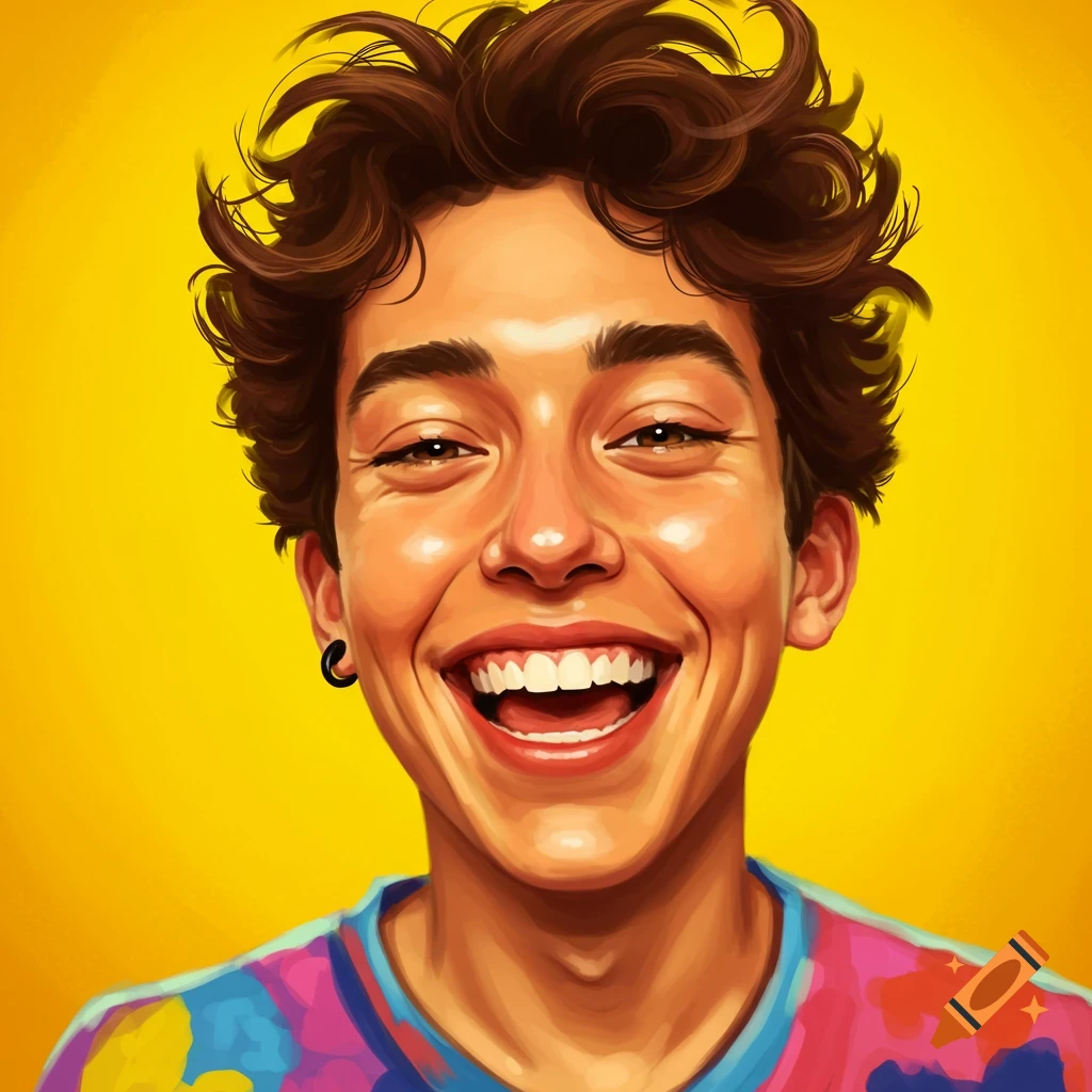 Digital art portrait of a young, excited person with curly brown hair, smiling broadly against a bright yellow background.