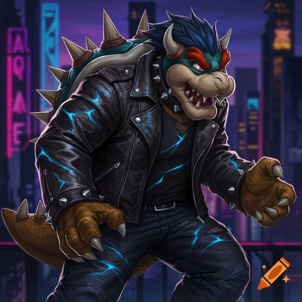 Bowser in a biker outfit, wearing a black leather jacket with blue lightning patterns, dark pants, and studded accessories, standing against a neon-lit cyberpunk city background.