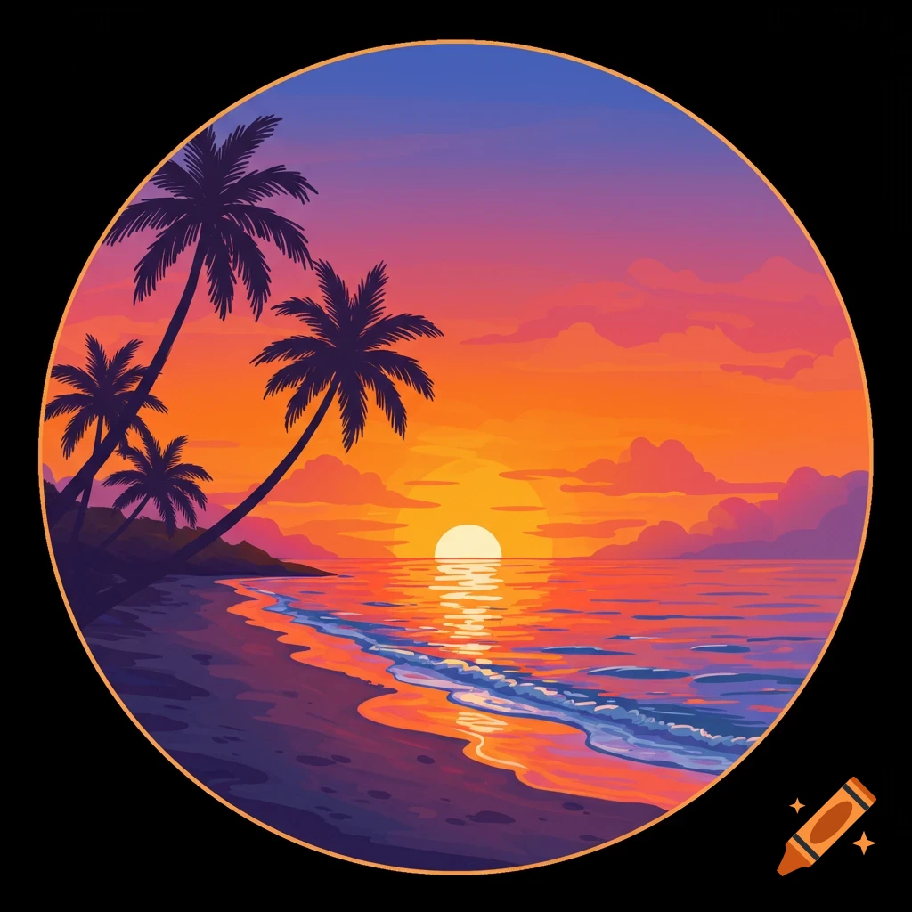 Vibrant illustration of a tropical beach sunset with palm tree silhouettes and colorful ocean waves in a circular frame.