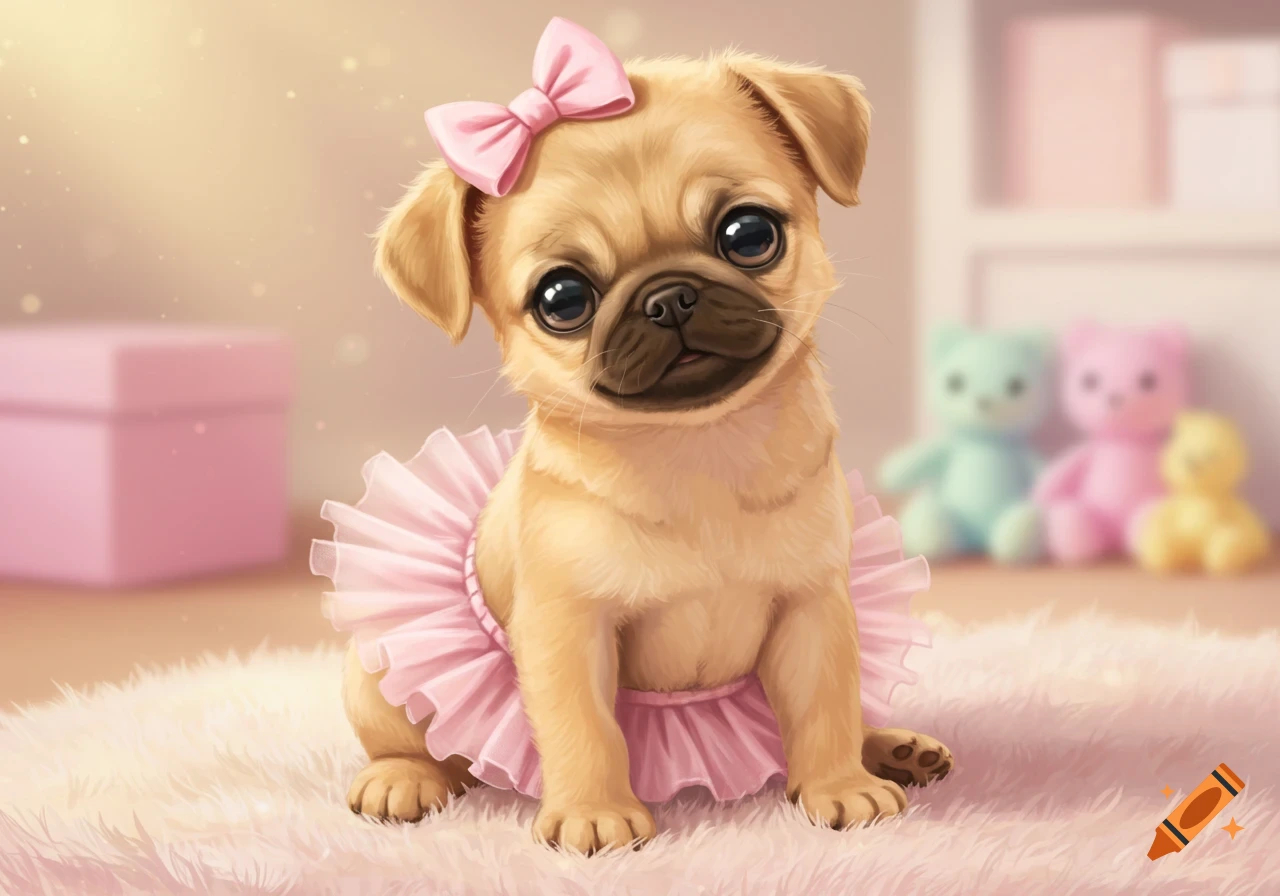 An adorable fawn pug puppy with big eyes wears a pink bow and tutu, sitting on a fluffy pink rug. Digital illustration.
